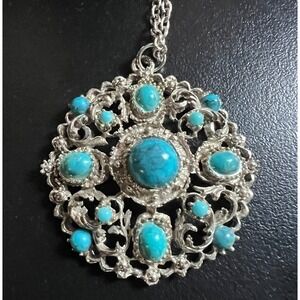 Vintage Style Faux Turquoise Necklace Filigree Pendant Southwestern Style‎
